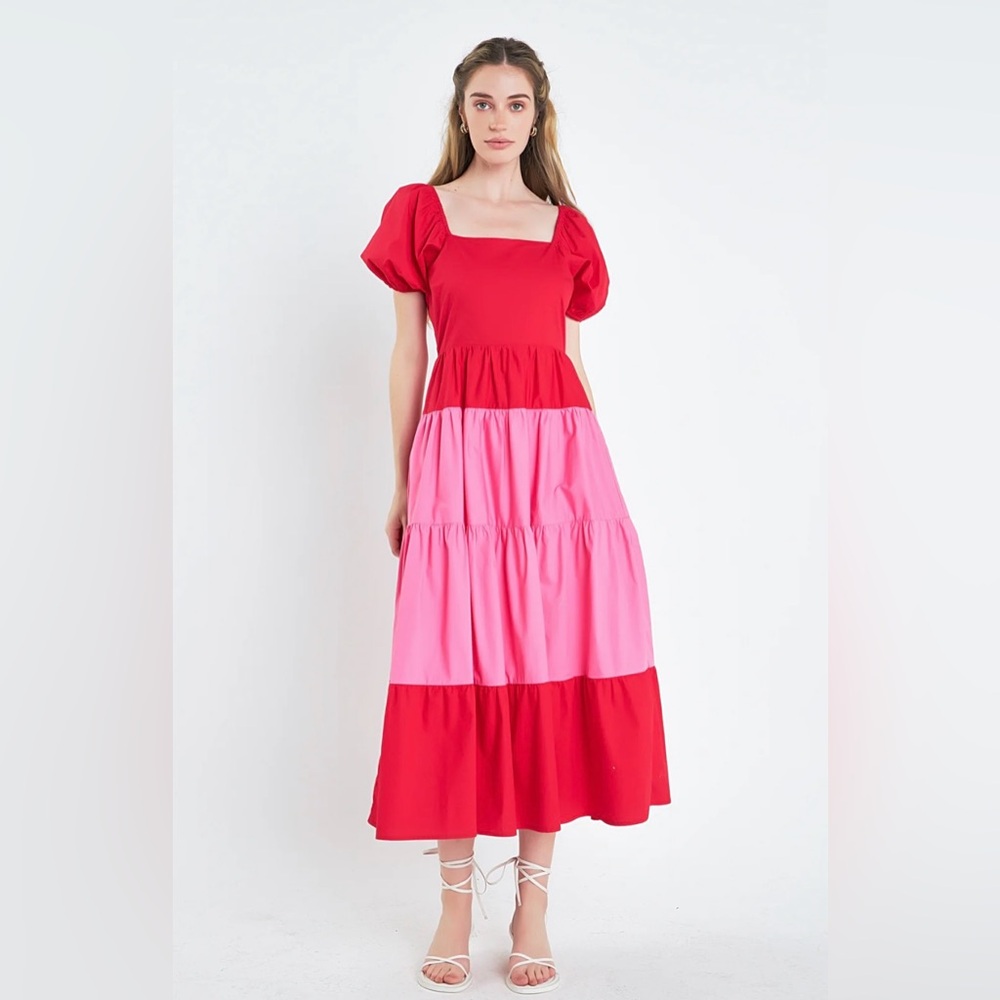English Factory 100% Cotton Color Block Red and Pink Puff Sleeve Maxi Dress
